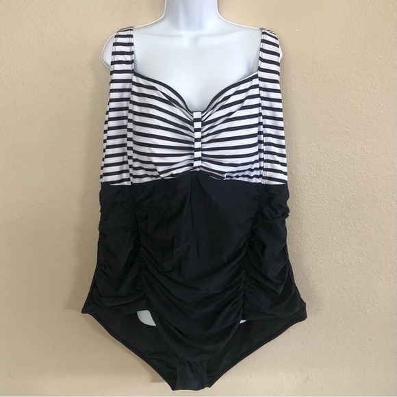 Daci Retro Colorblock Stripes Tummy Control Ruched One Piece Swimsuit Plus 28W - Picture 3 of 13